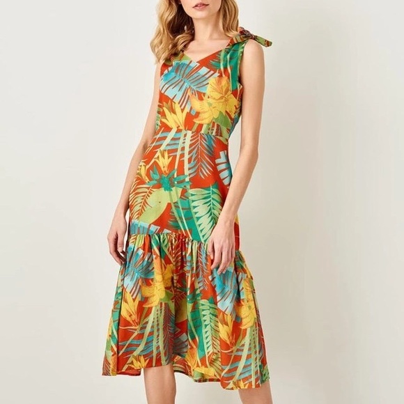 Yellow Green Red Floral Tropical Print Dress - Picture 3 of 5
